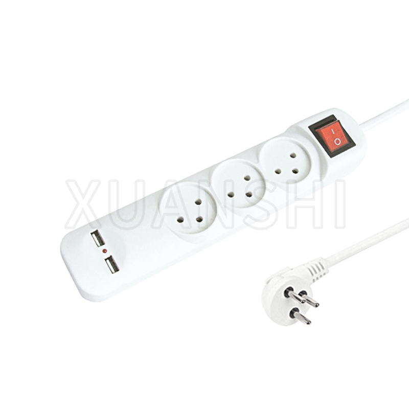 Tira de alimentación de 3 vías de Israel con interruptor y dos puertos USB (con protección para niños) JL-10A, XS-XBK31U